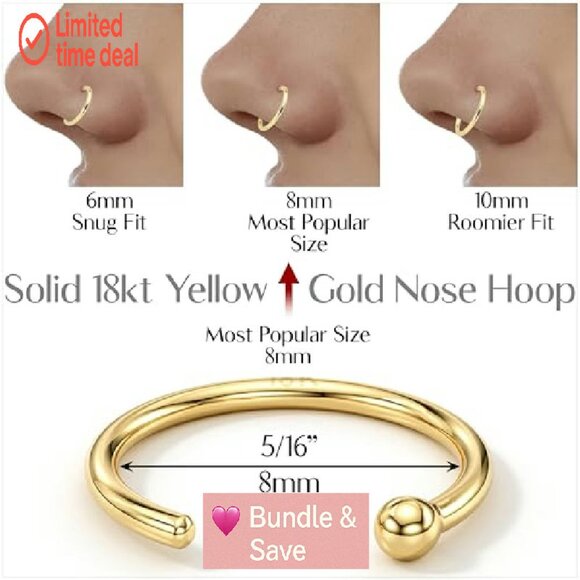 18k Gold Nose Hoop, 20 Gauge 5/16" Handmade Hypoallergenic Piercing - Picture 3 of 8